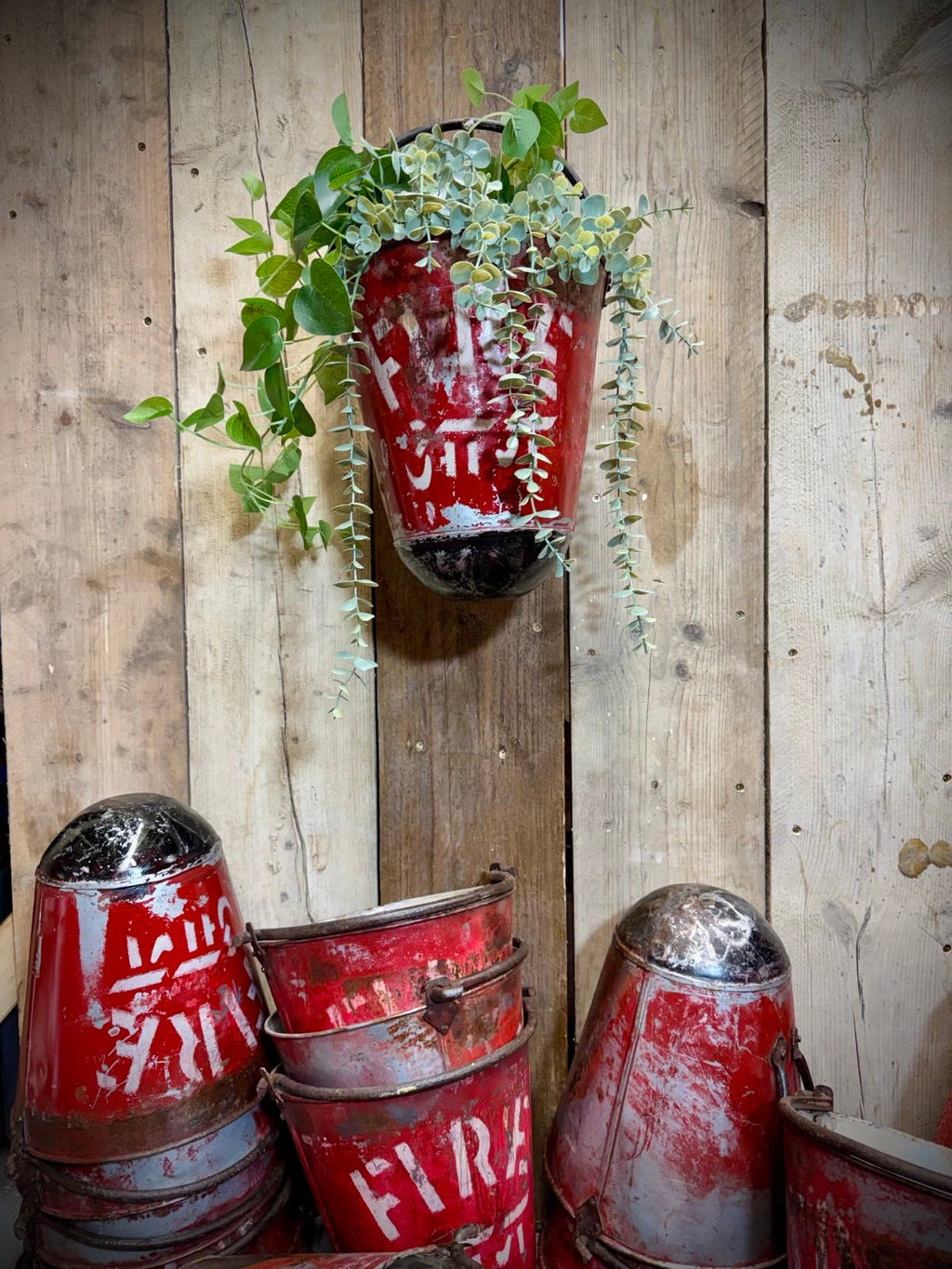 Vintage Galvanised Hanging Fire Bucket Hanging Basket / Plant Pot Planter Pail