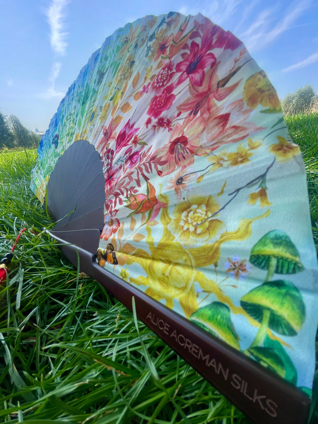 Kaleido Bloom Silk Folding Hand Fan with Rainbow Floral Print