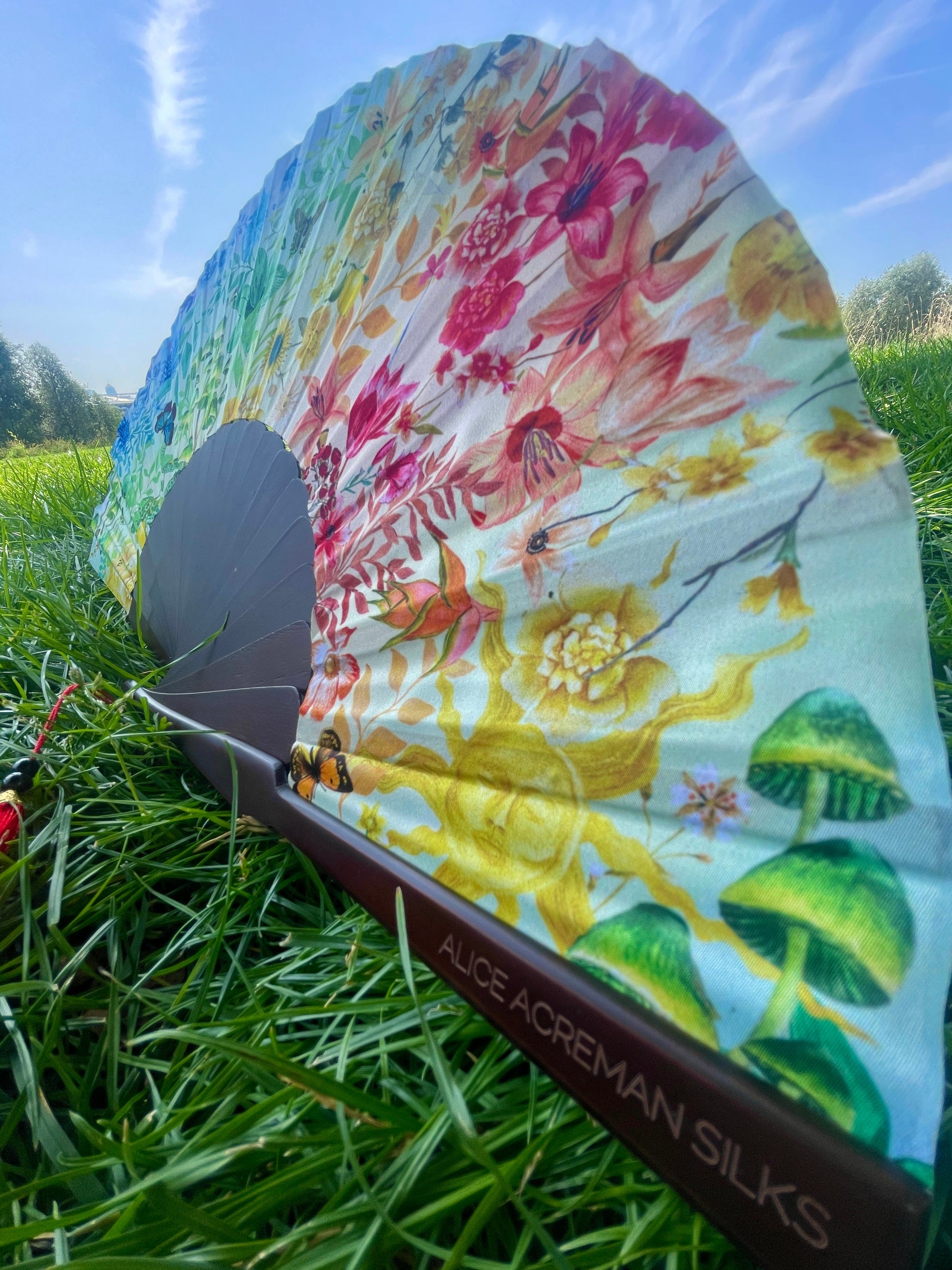 Kaleido Bloom Silk Folding Hand Fan with Rainbow Floral Print