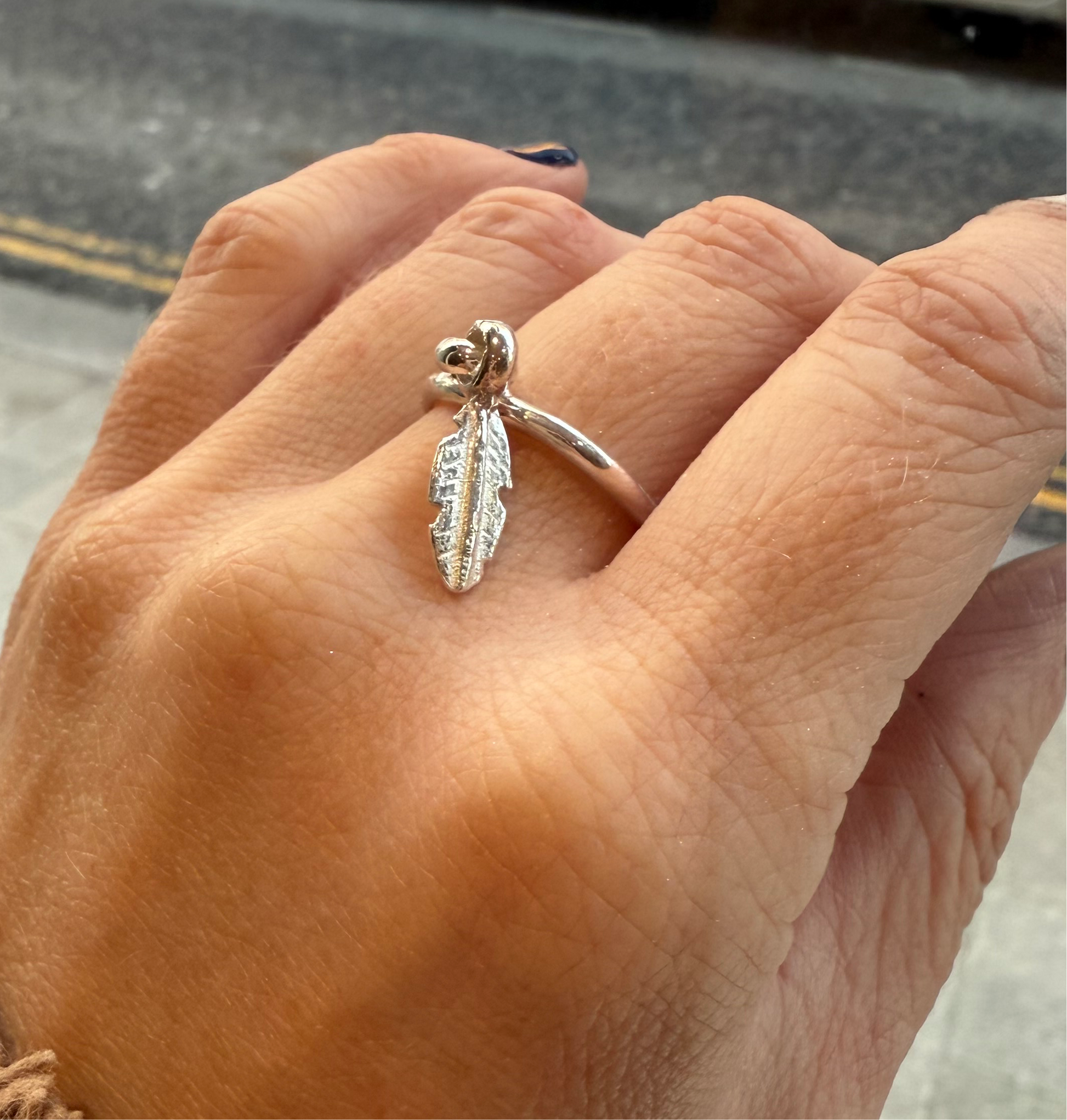 Mini Feather Dangle Ring in Sterling Silver