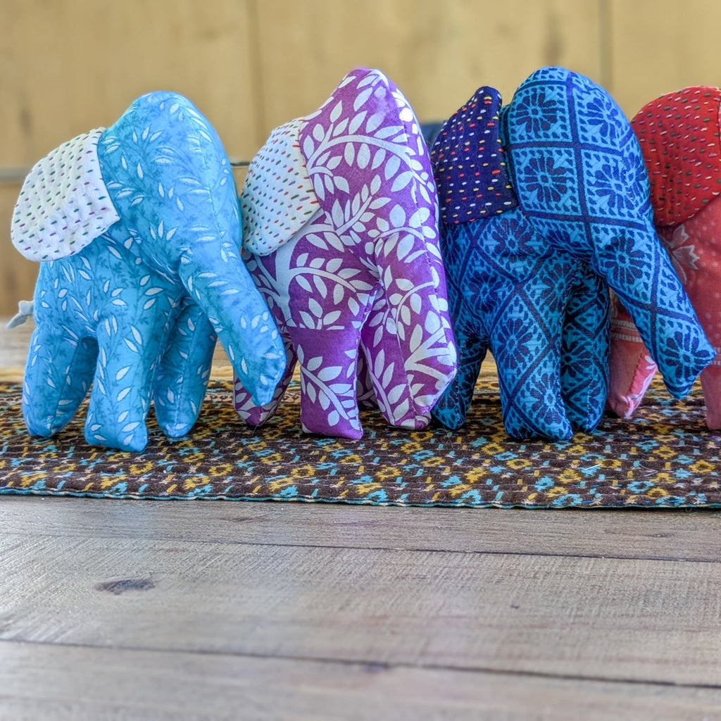 Handmade Soft Plush Elephant, Fair Trade Elephant Decor, Bengali Cotton with Kantha Stitch