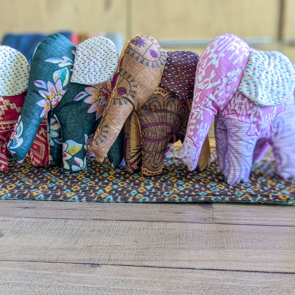 Handmade Soft Plush Elephant, Fair Trade Elephant Decor, Bengali Cotton with Kantha Stitch