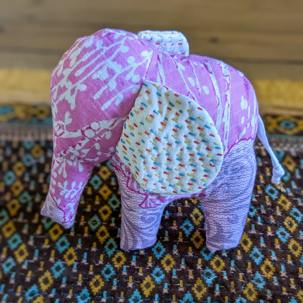Handmade Soft Plush Elephant, Fair Trade Elephant Decor, Bengali Cotton with Kantha Stitch