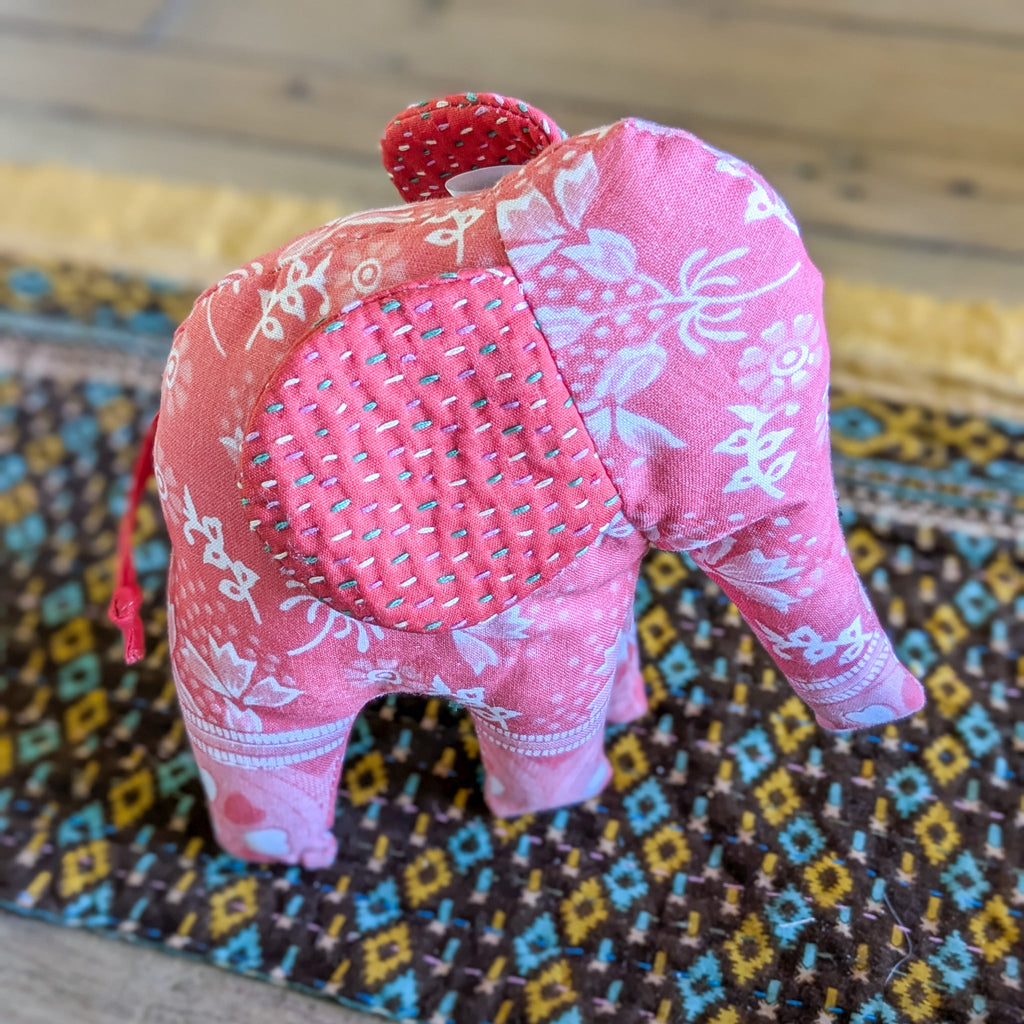 Handmade Soft Plush Elephant, Fair Trade Elephant Decor, Bengali Cotton with Kantha Stitch