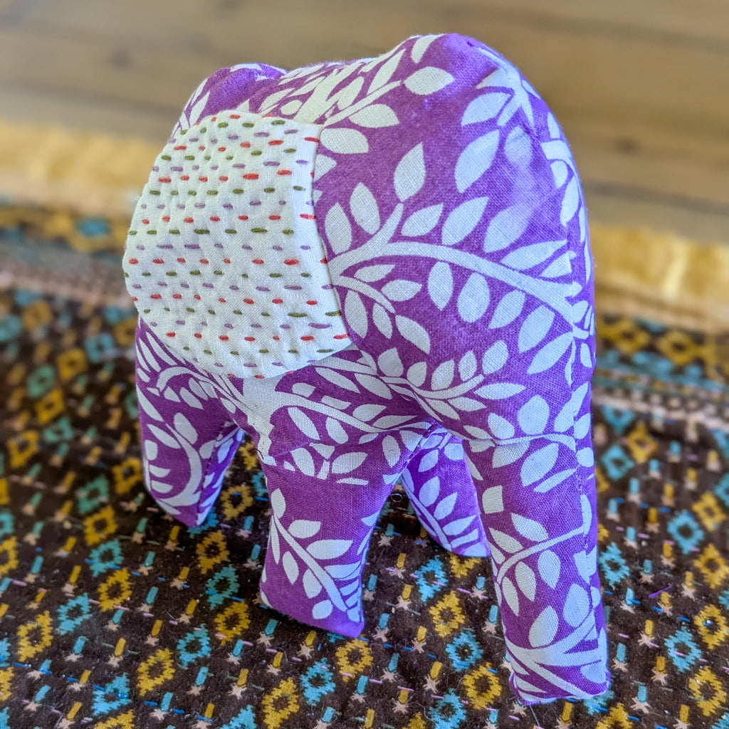 Handmade Soft Plush Elephant, Fair Trade Elephant Decor, Bengali Cotton with Kantha Stitch