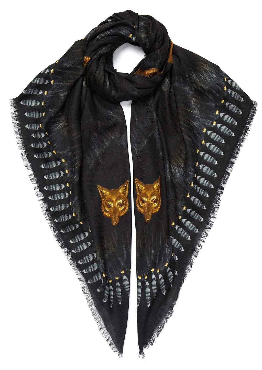 VASSILISA Scarf in Black Colour: Fur and Wolves Masks Print