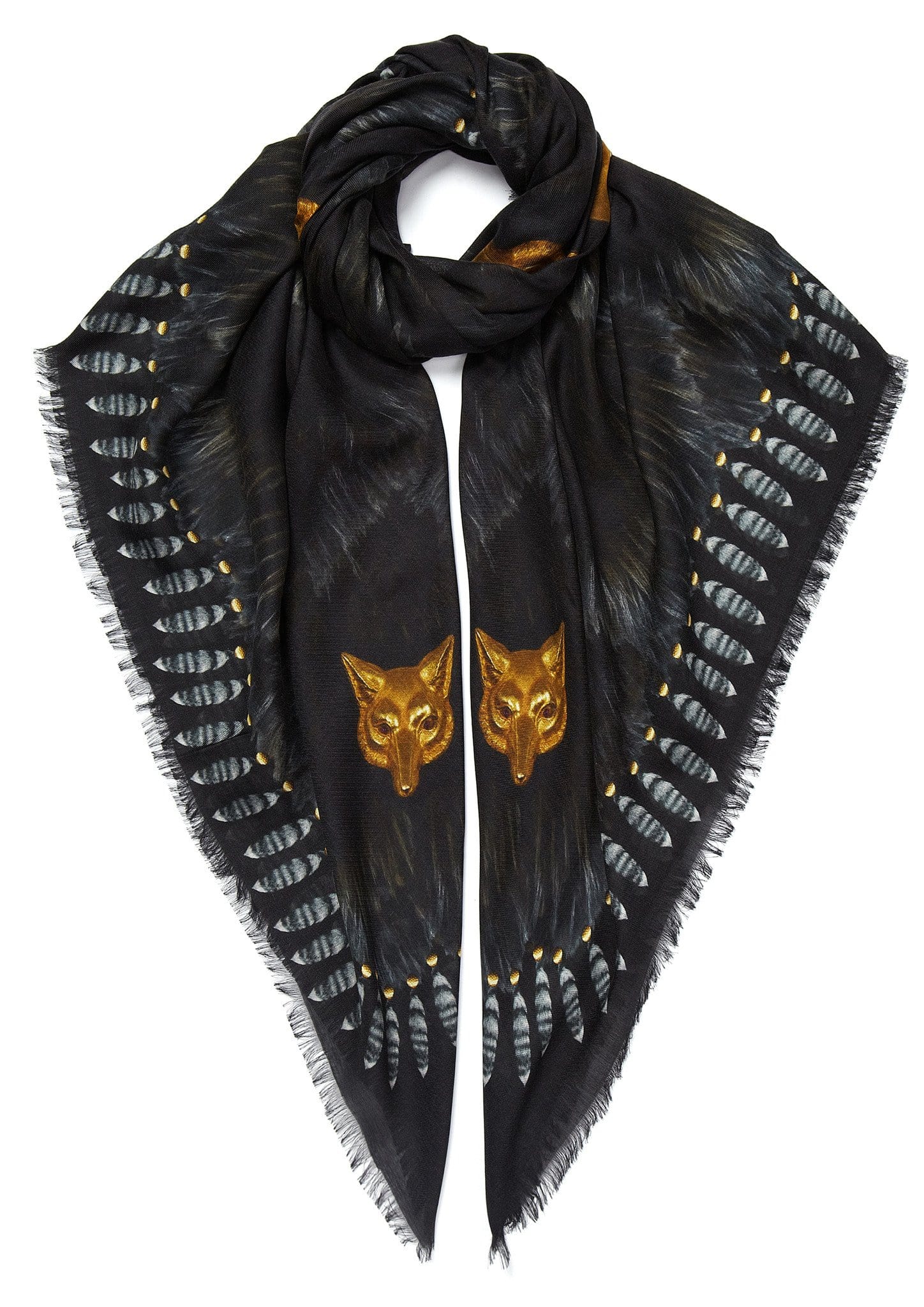 VASSILISA Scarf in Black Colour: Fur and Wolves Masks Print