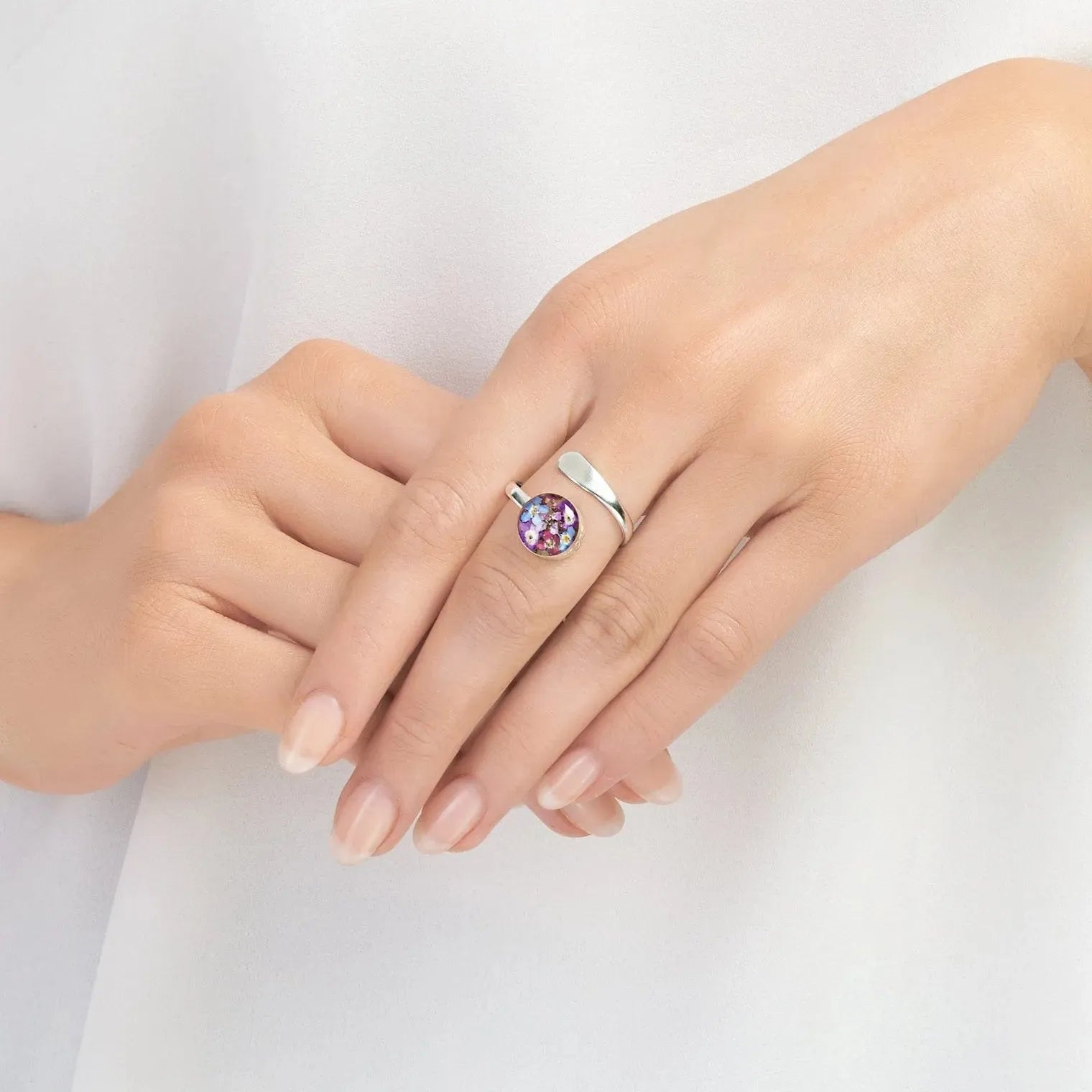 Sterling Silver Adjustable Ring with Purple Verbenas and Forget-me-nots