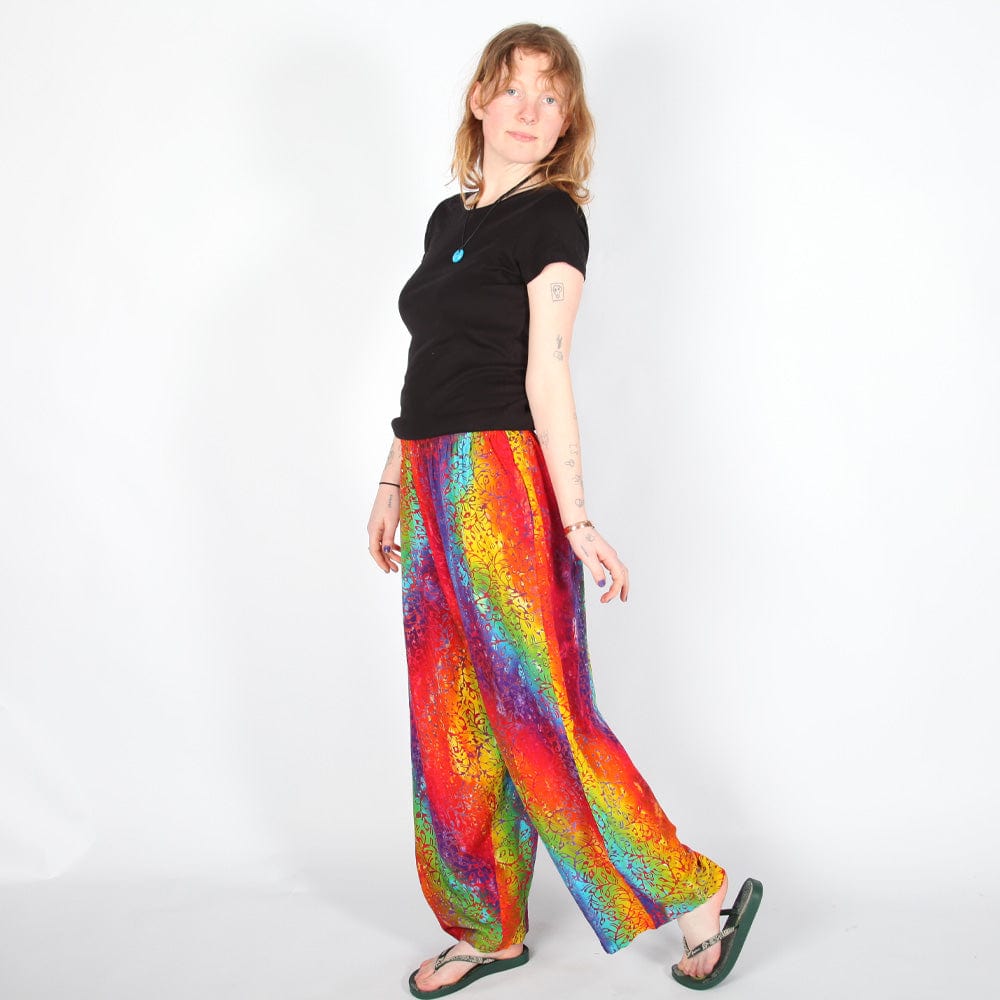 Rainbow Batik Pattern Trousers with Plant Inspired Print