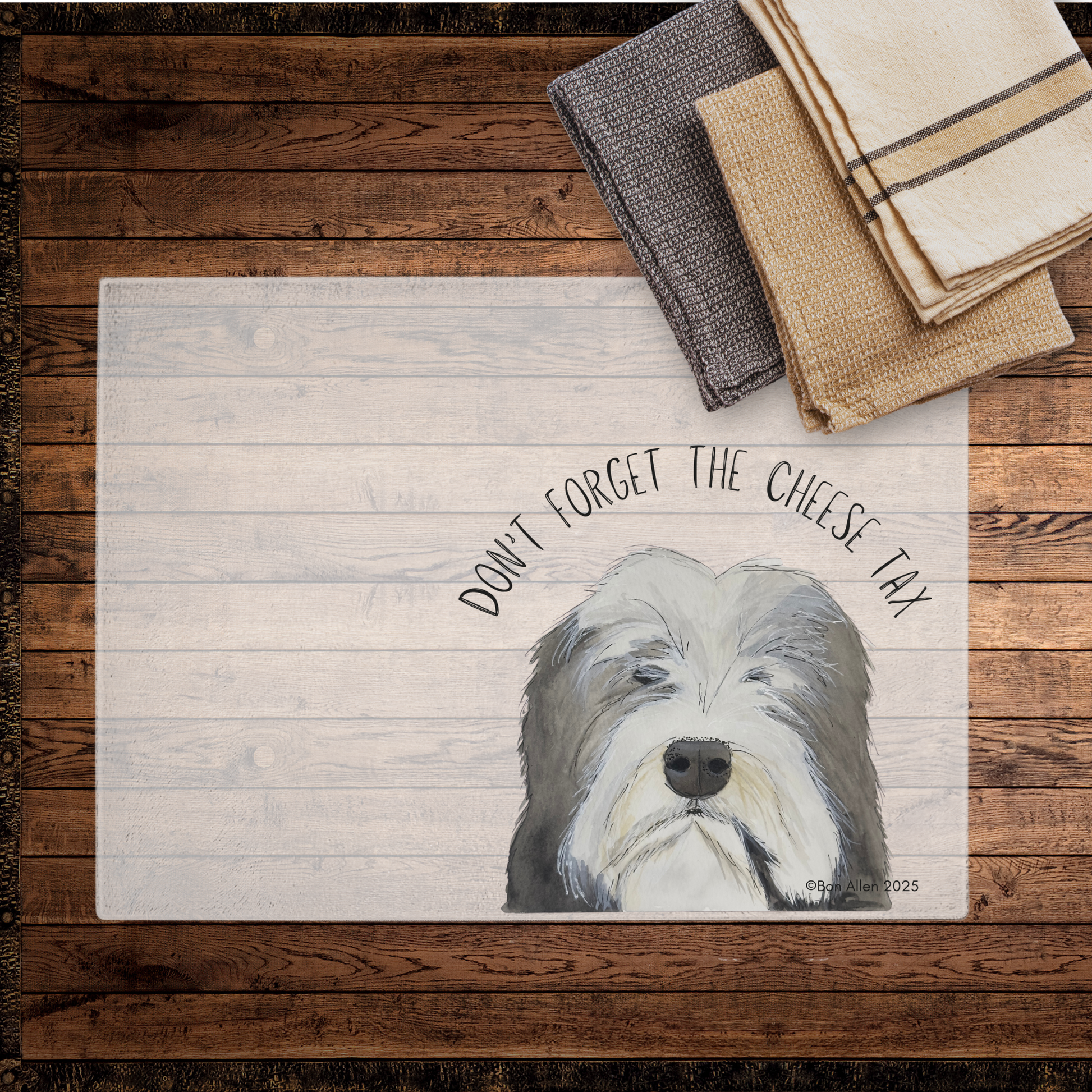 Cheese Tax Enforcer – Bearded Collie Chopping Board of Justice