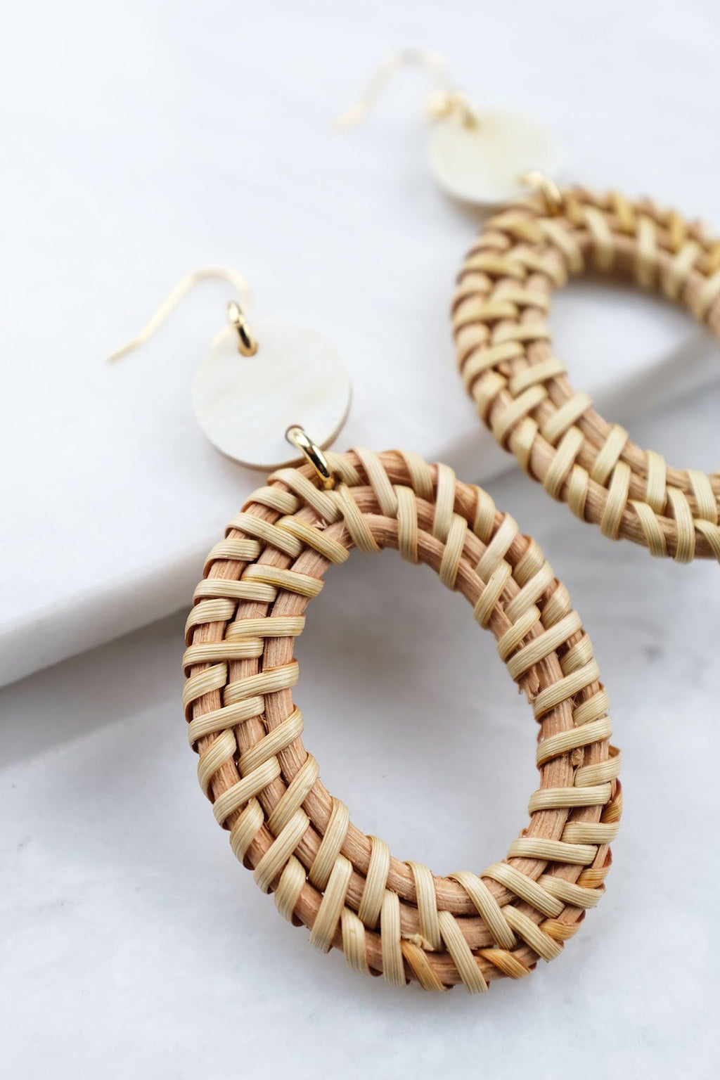 Buffalo Horn and Rattan Oval Statement Earrings in Gold Plate