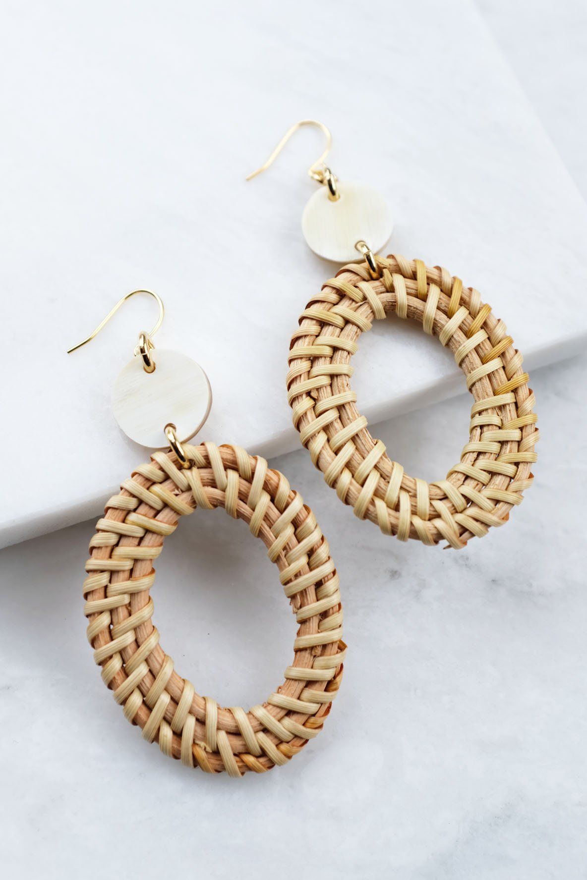 Buffalo Horn and Rattan Oval Statement Earrings in Gold Plate