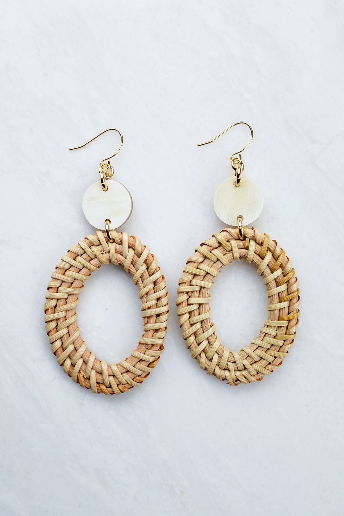 Buffalo Horn and Rattan Oval Statement Earrings in Gold Plate
