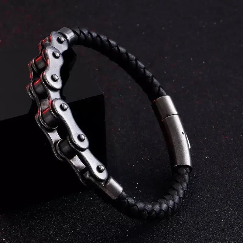Black Bicycle Stainless Steel Leather Bracelet