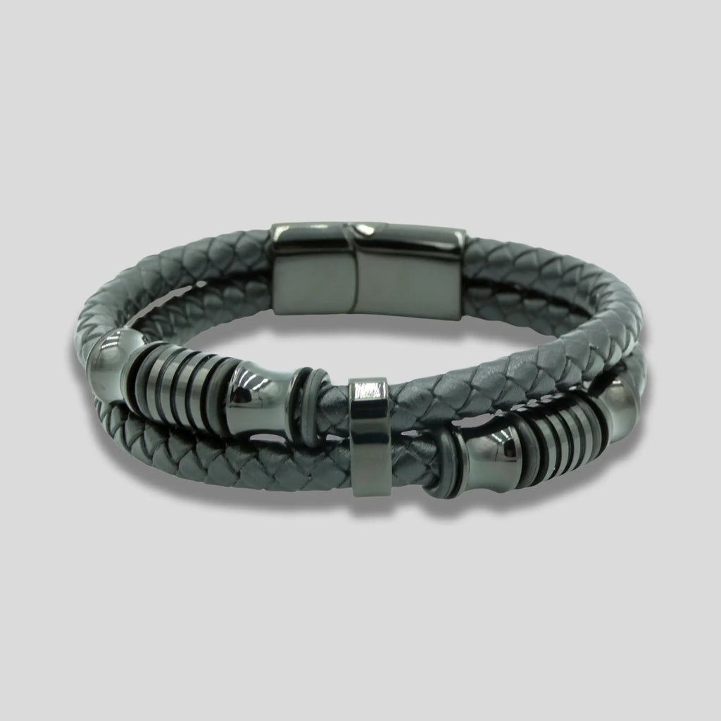 Black Leather Braided Bracelet with Black Charms