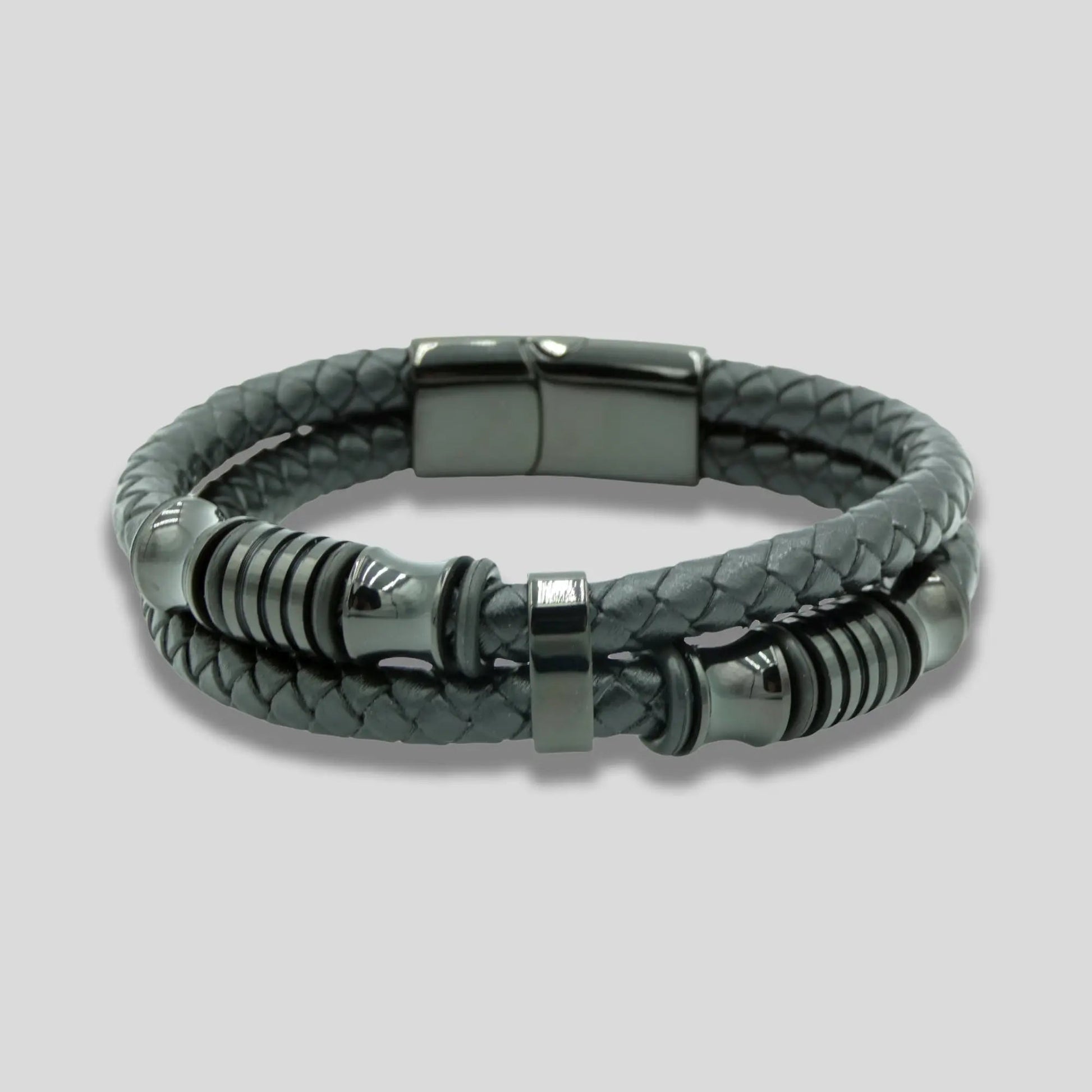 Black Leather Braided Bracelet with Black Charms