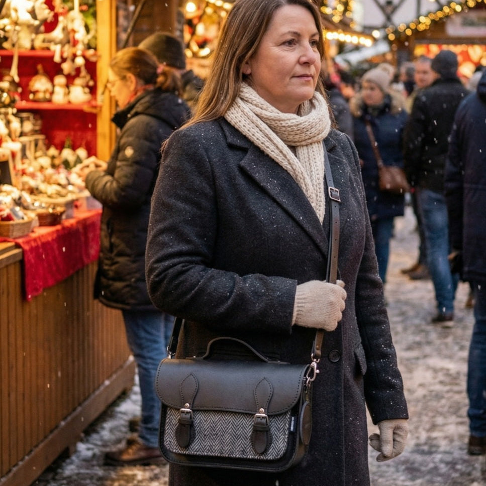 Midi Black and Tweed Leather Satchel Handmade