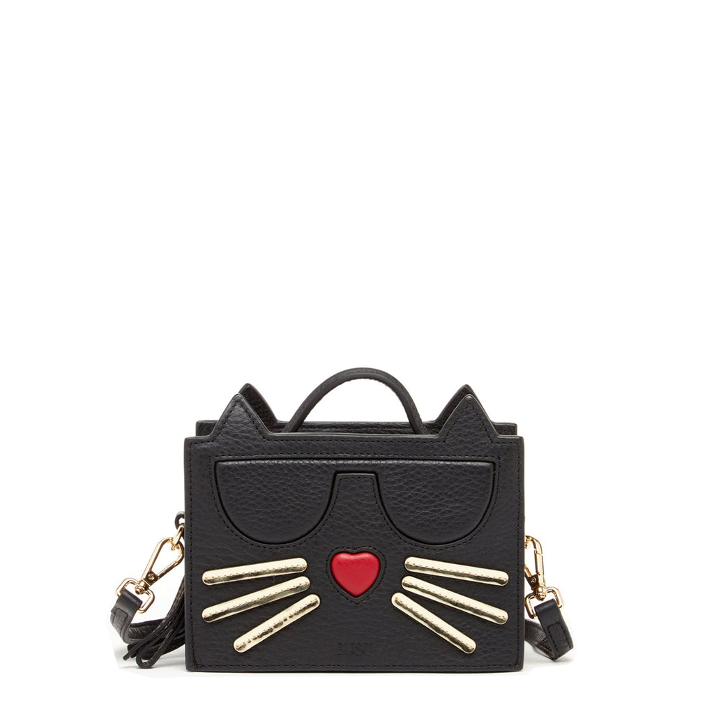 Black Leather Cat Crossbody Bag