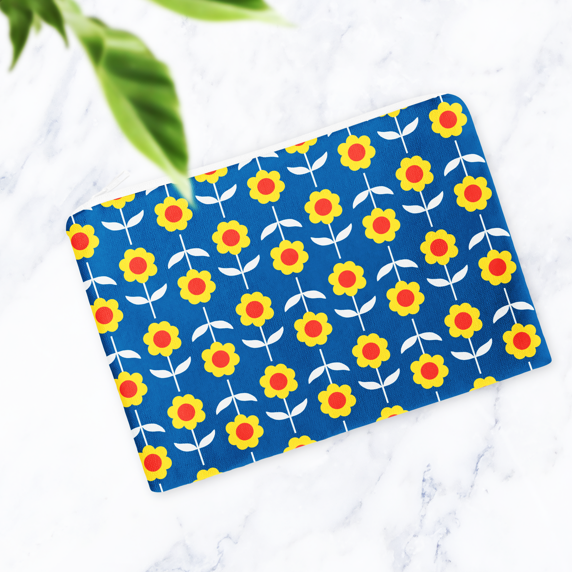 Retro Blue and Yellow Floral Make Up Bag