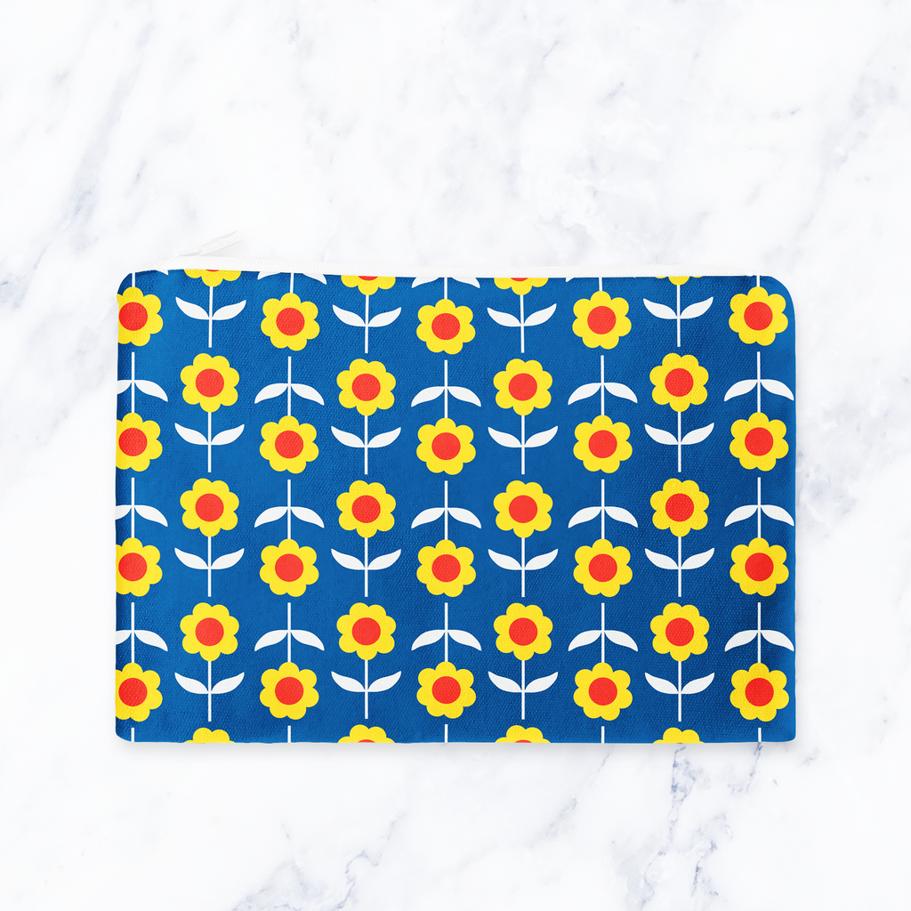 Retro Blue and Yellow Floral Make Up Bag