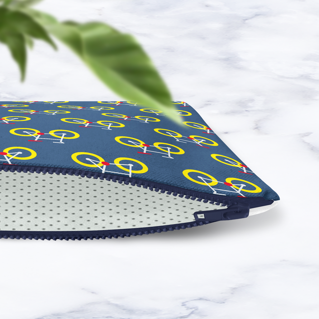 Dark Blue Bicycle Print Makeup Bag - Handmade Cosmetic Pouch with Water-Resistant Lining