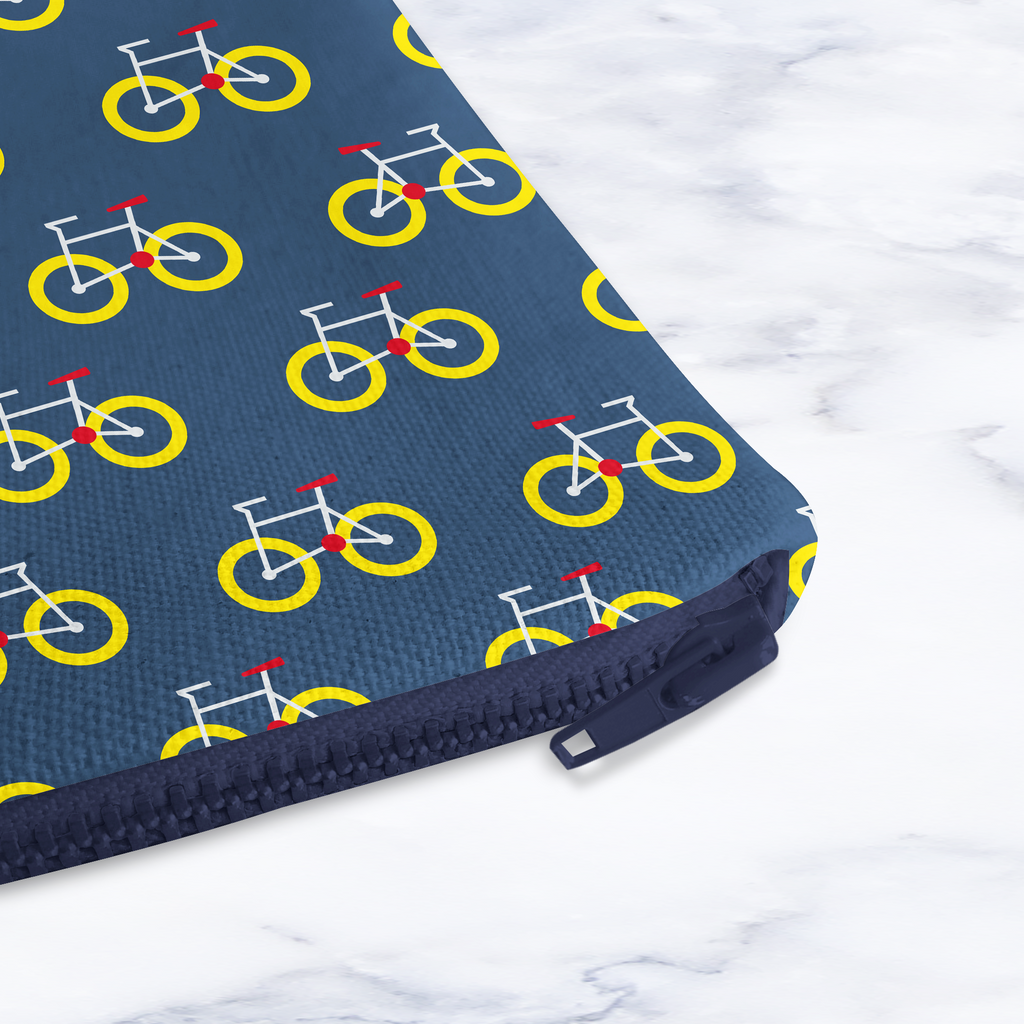 Dark Blue Bicycle Print Makeup Bag - Handmade Cosmetic Pouch with Water-Resistant Lining
