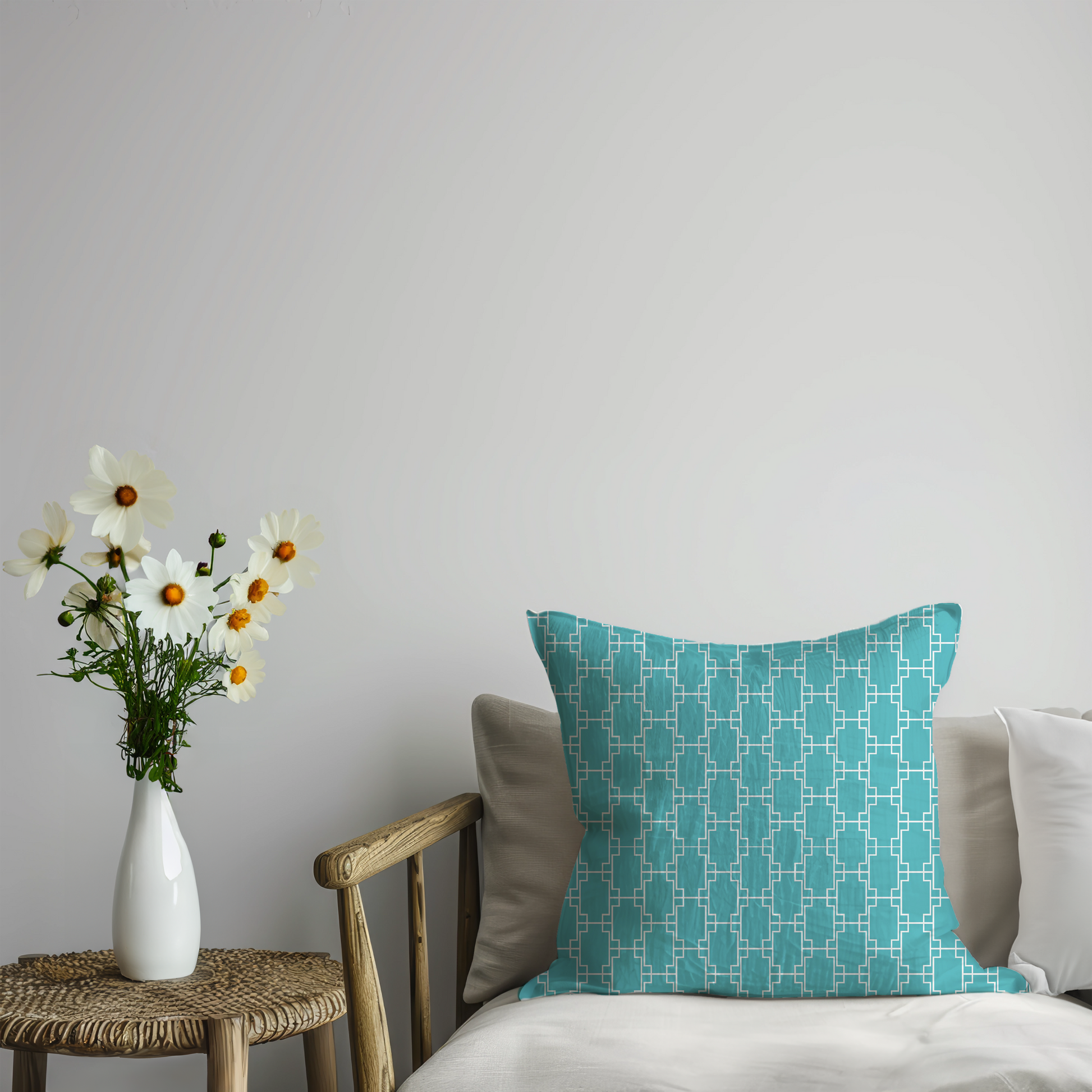 Turquoise and White Modern Geometric Cushion Cover – Blue Cotton Cushion Cover