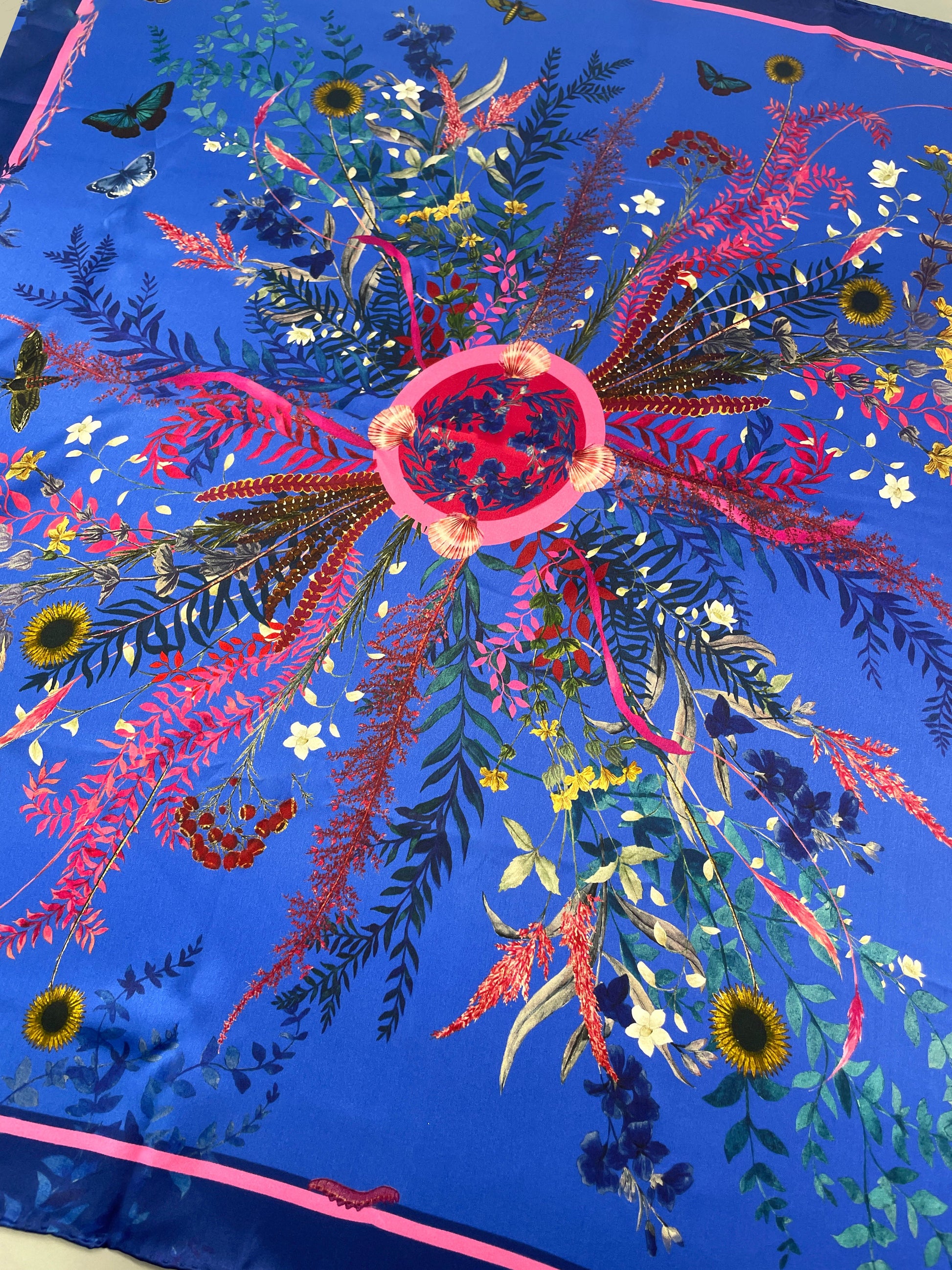 Royal Blue Flourish Silk Scarf with Sunflowers and Wildflowers