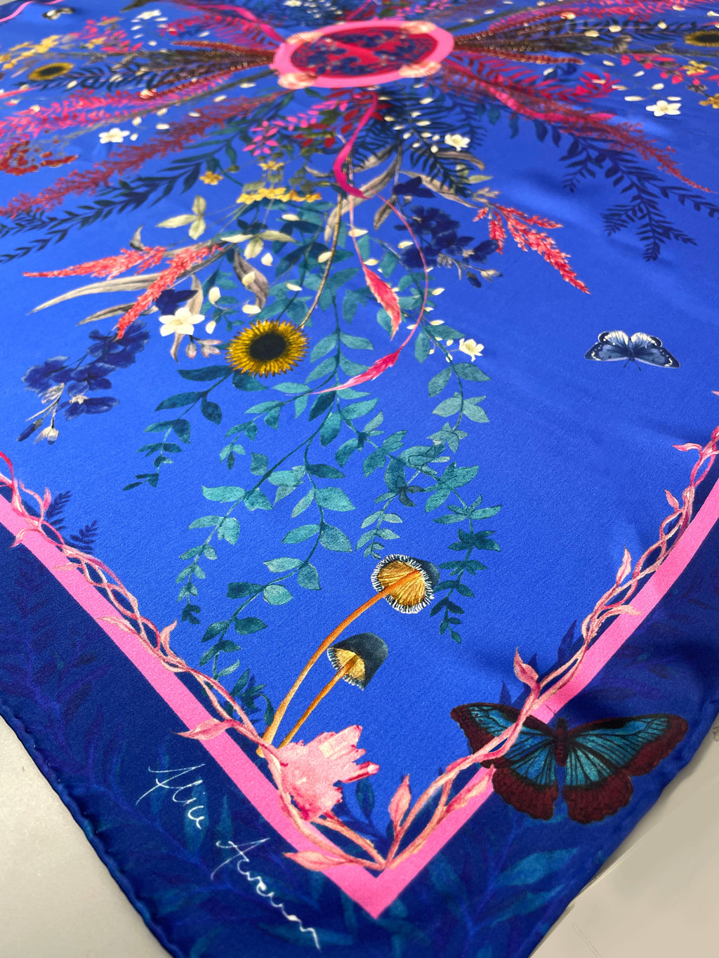 Royal Blue Flourish Silk Scarf with Sunflowers and Wildflowers