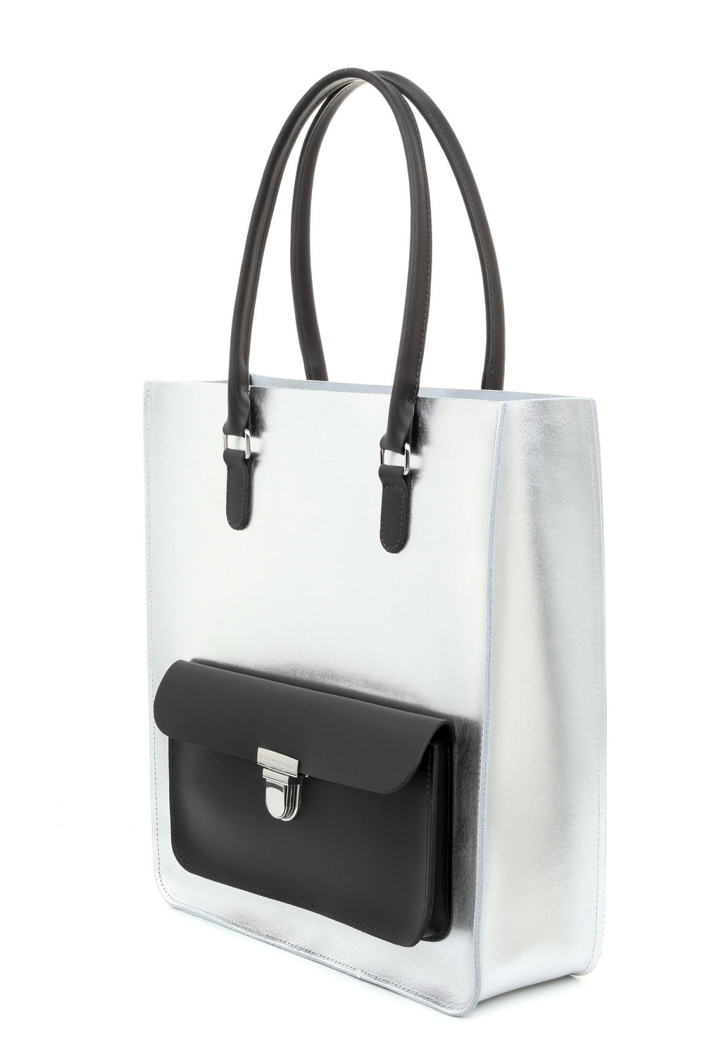 Silver Metallic Leather Tote Bag with Handles