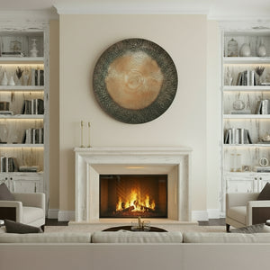 Oversized bronze circular wall plate with intricate detailing, 90cm diameter, modern metallic decor from Zine collection by sostter at brixbailey.com