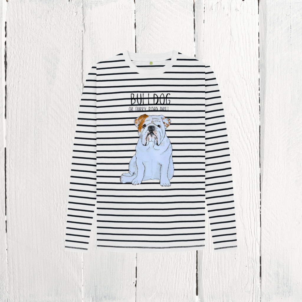 Furry Road Cool: Bulldog Style Meets Breton Chic in Kid’s Long Sleeve Tee!