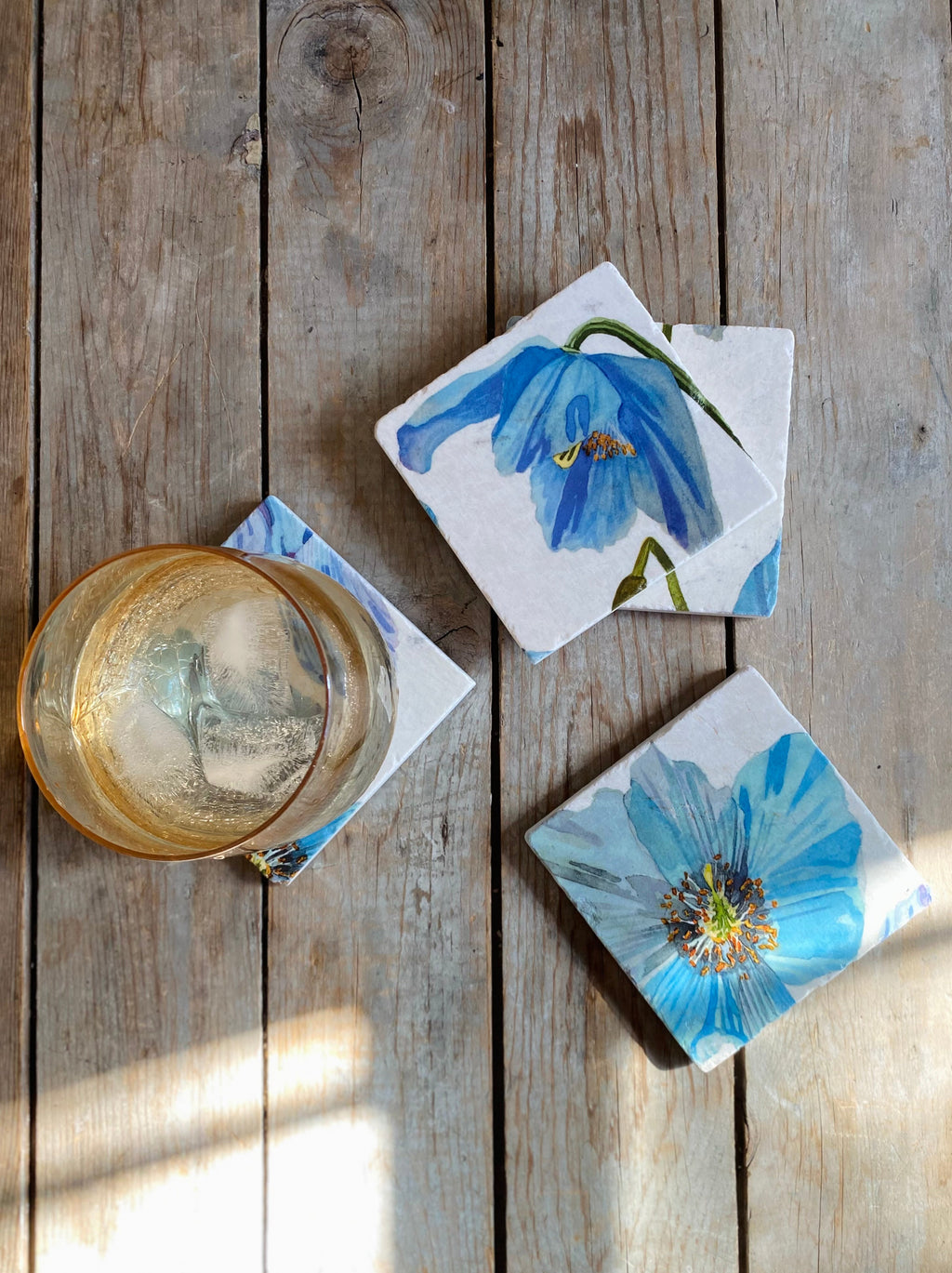 Marble Coaster Set Himalayan Blue Poppies on Ecru
