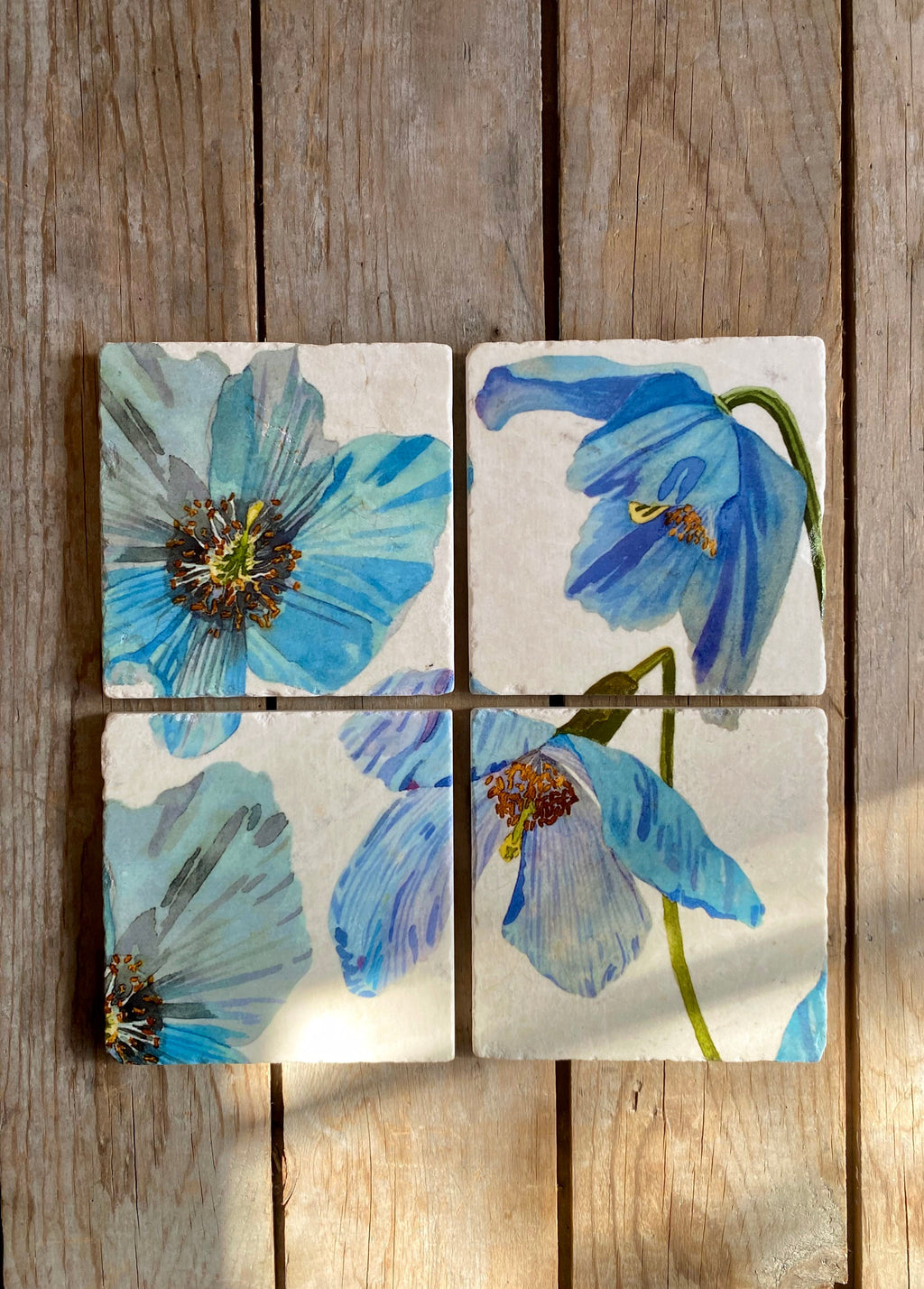 Marble Coaster Set Himalayan Blue Poppies on Ecru