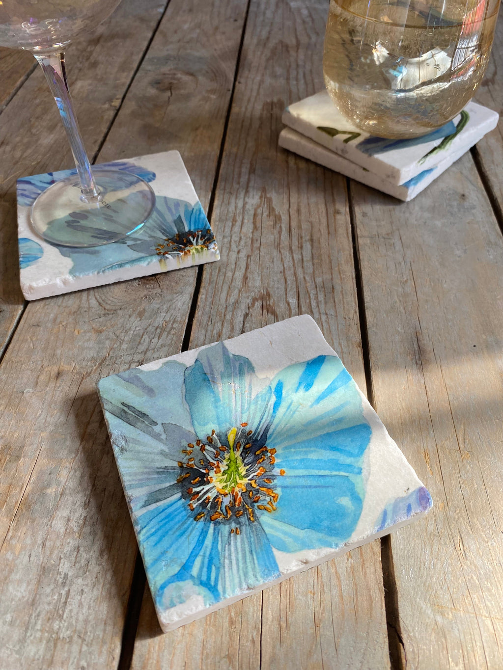 Marble Coaster Set Himalayan Blue Poppies on Ecru