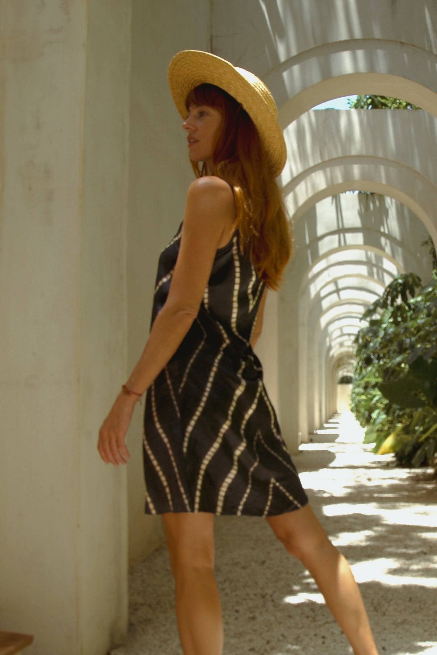 Vela Silk Slip Dress in Striped Shibori