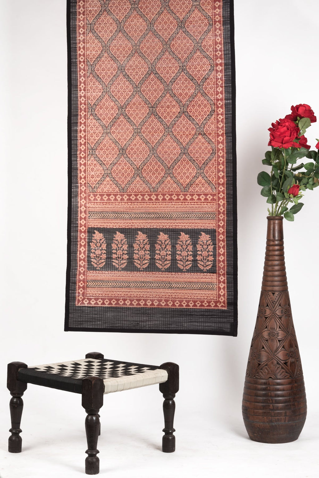 Diamond Bagh Hand Block Print Bamboo Wall Hanging - Red Black