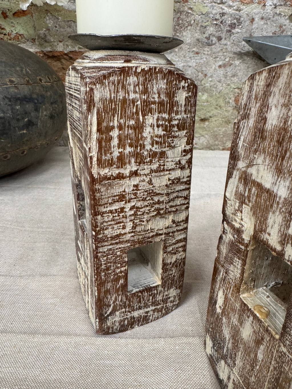 Pair Of Rustic Wooden Candle Holders / Large Church Candle Candlesticks /D