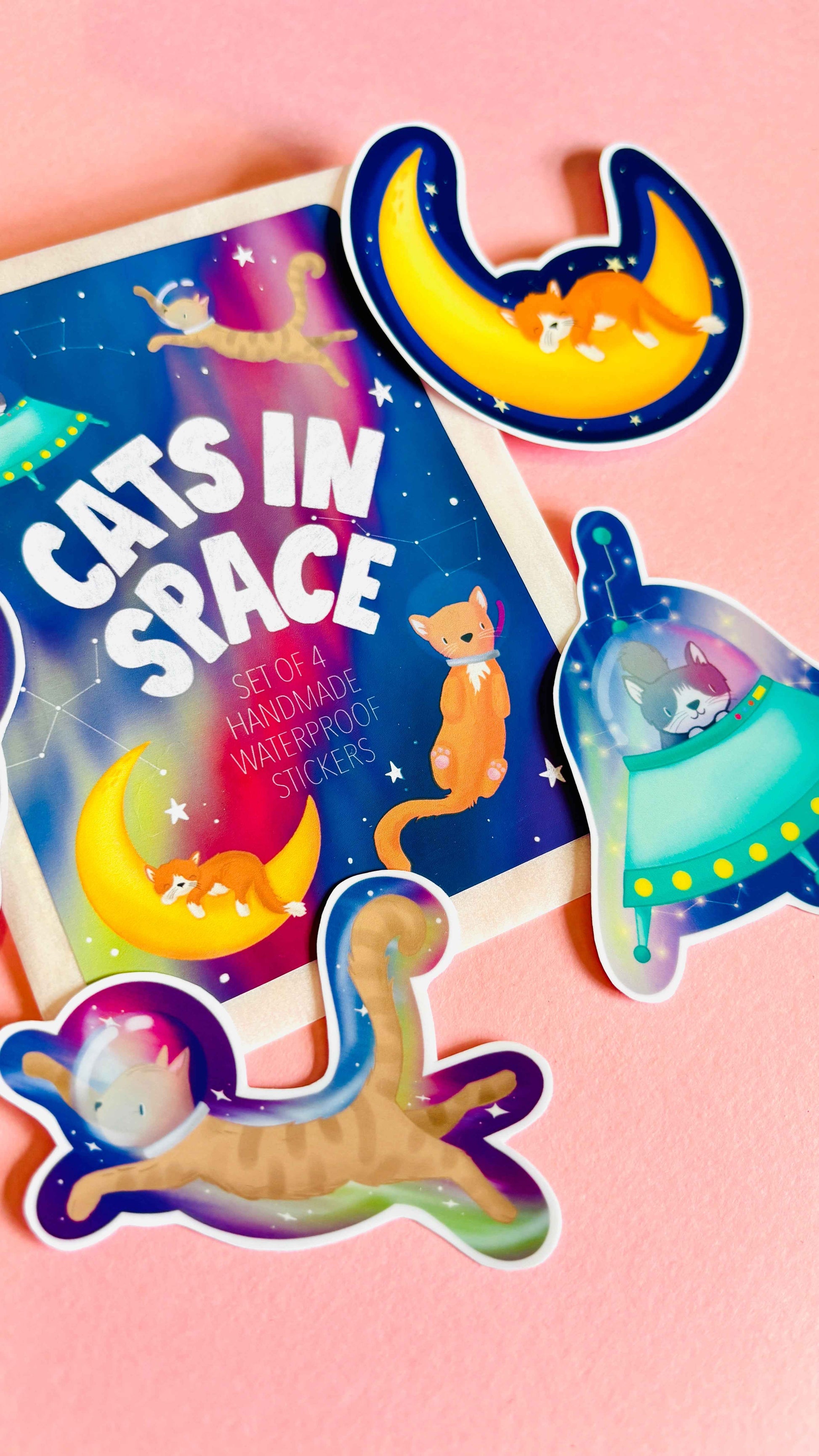 Space Cats Sticker Set- Handmade Set of 4 Waterproof Vinyl Stickers
