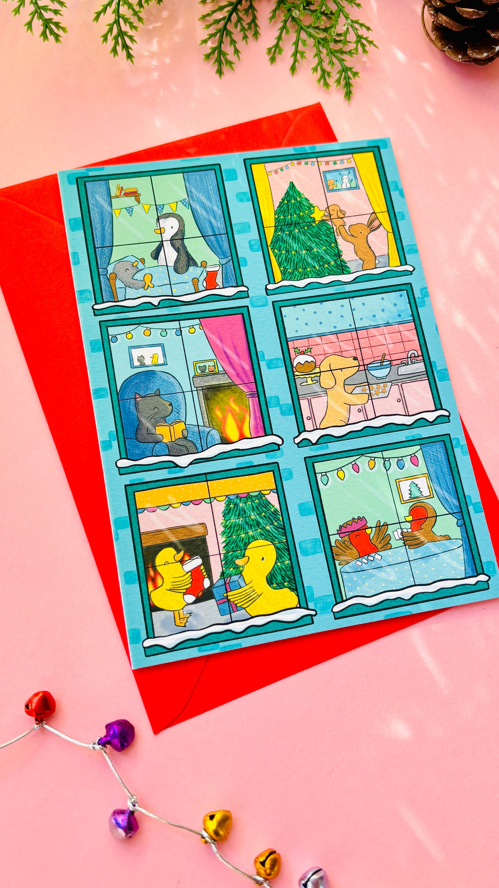 Illustrated animals Christmas scene A6 greetings card