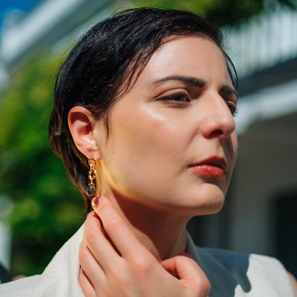 Moirai Double Twisted Loops Earrings Green Onyx