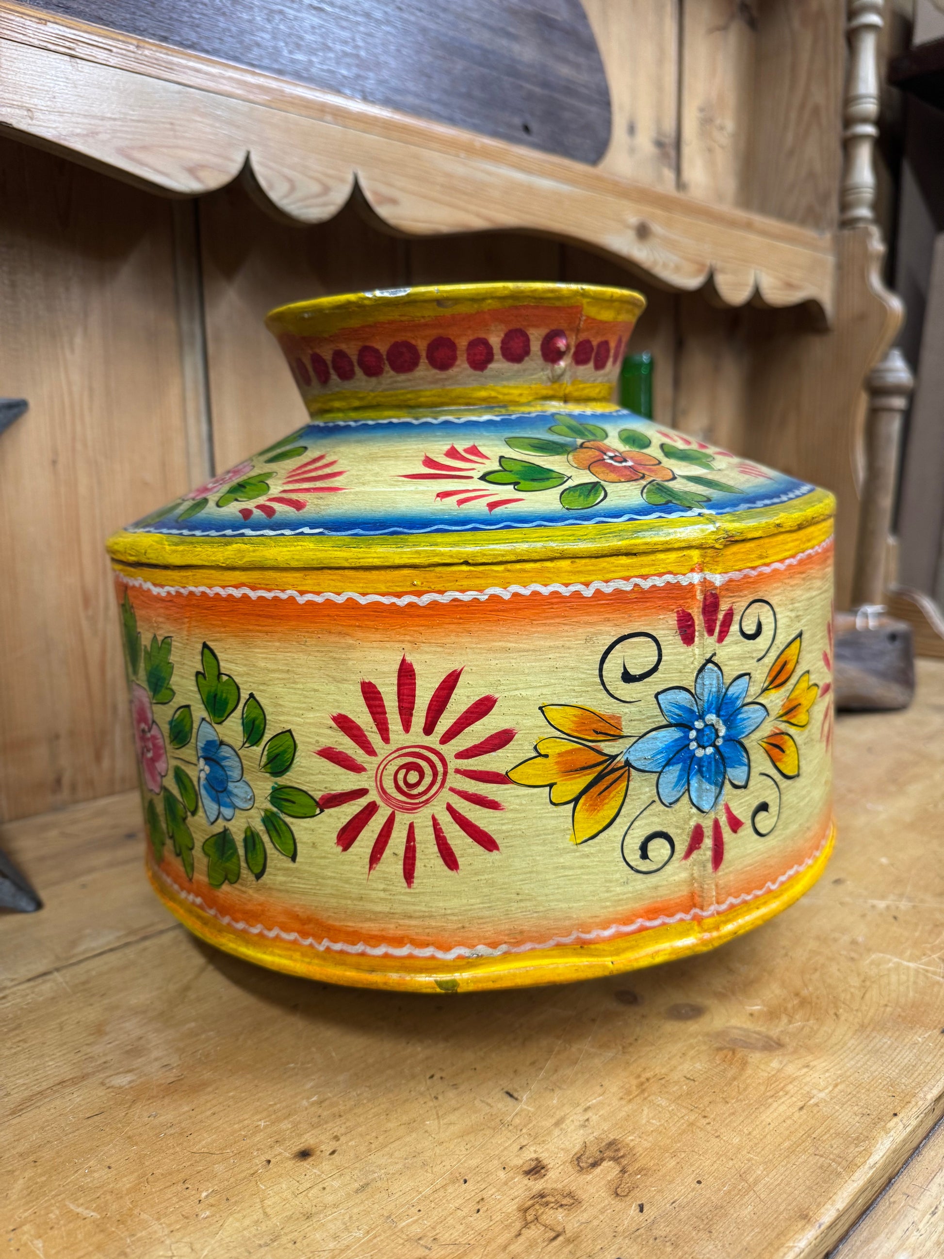 Vintage Painted Indian Water Pot / Decor  Handmade Metal Pot / Metal Vase / Narrow Boat / Gypsy / Rustic