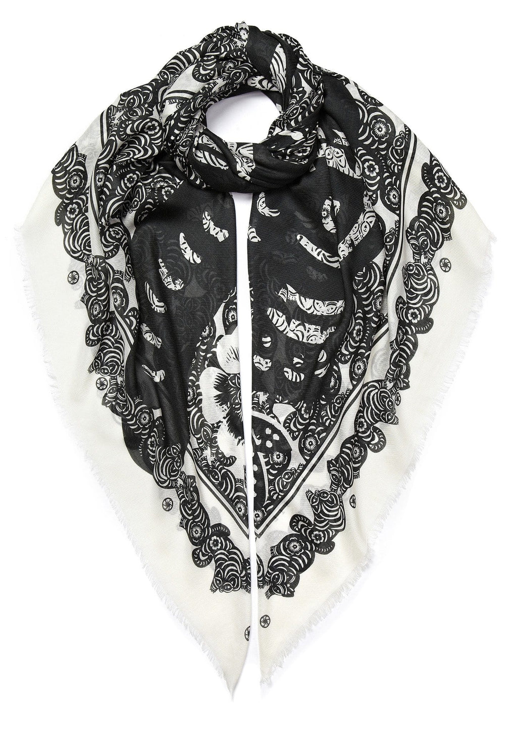 VASSILISA Scarf in Black and White Colour: Cat and Butterfly Print