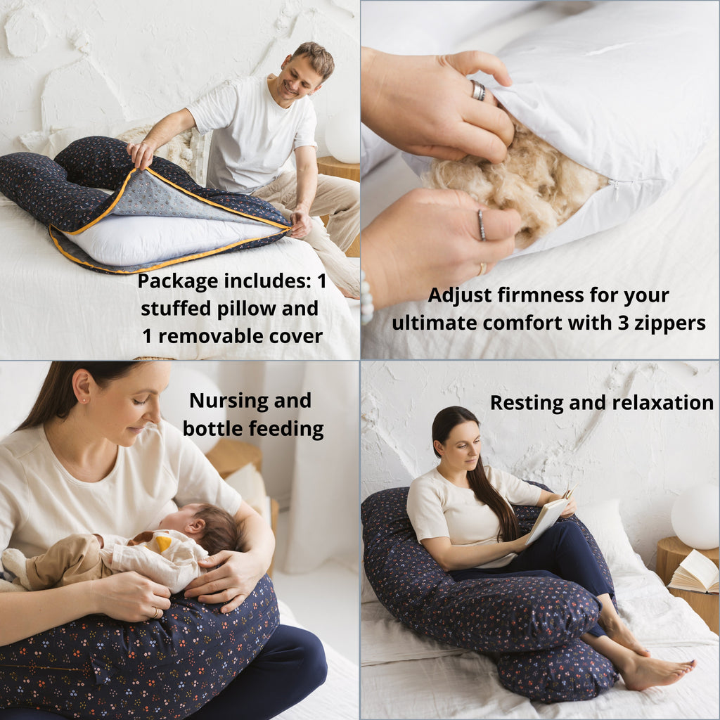 Navy Blue U Shaped Body Pillow with Organic Cotton Cover