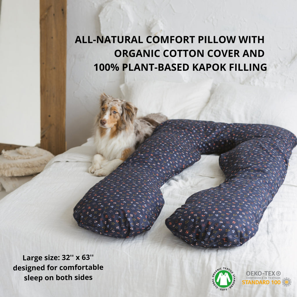 Navy Blue U Shaped Body Pillow with Organic Cotton Cover