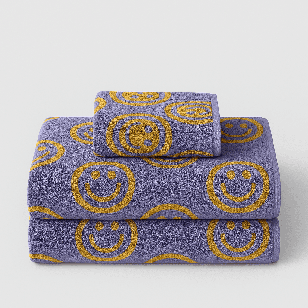 Smiling Face Bath Towel in Yellow Purple or Blue Purple