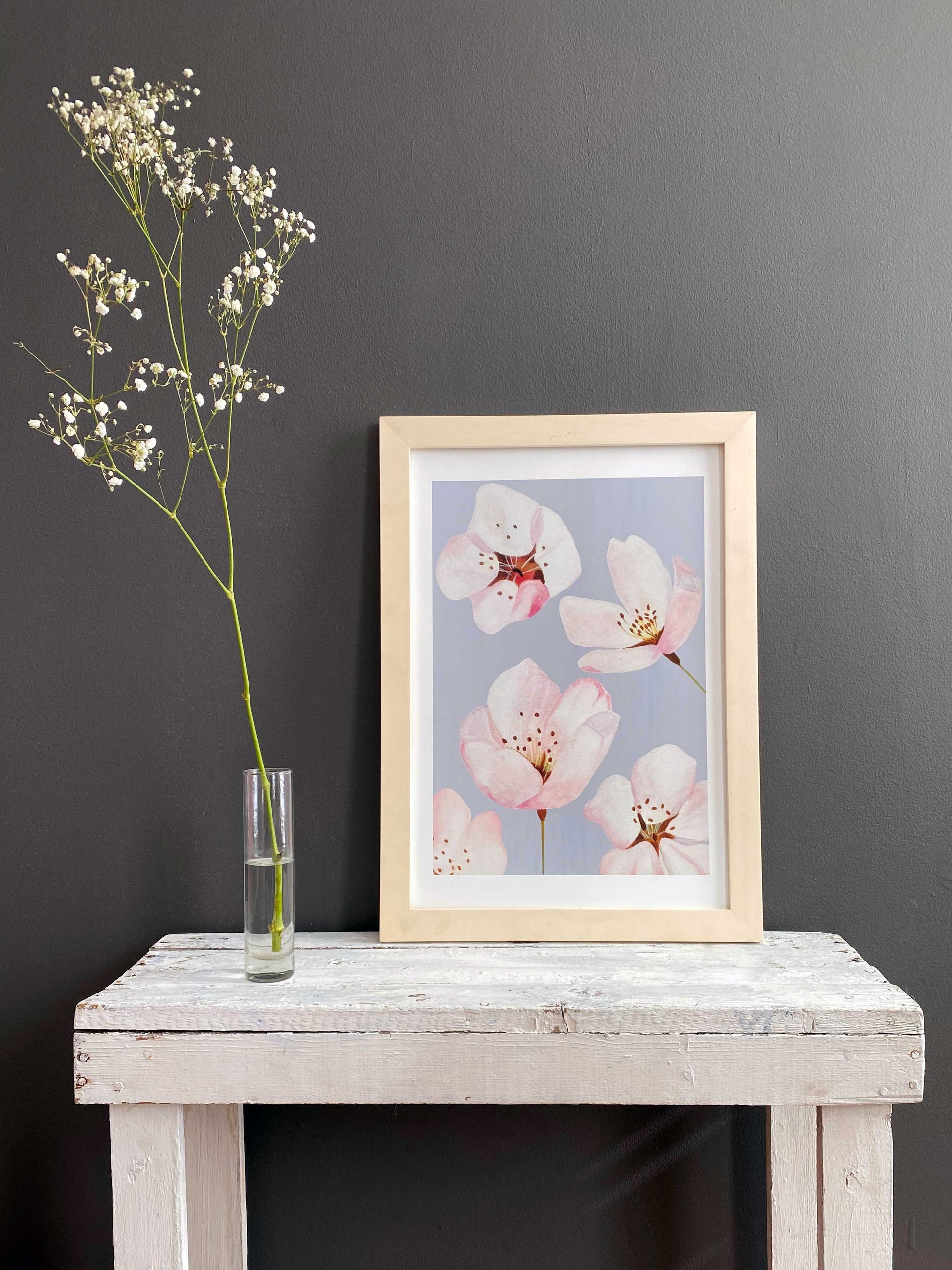 Cherry Blossoms on Grey Art Print