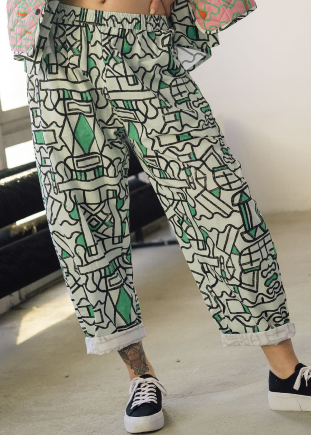 Organic Cotton and Linen Balloon Trousers in Circuit Garden