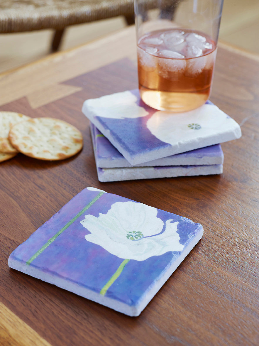 White Poppies on Violet Coaster Set