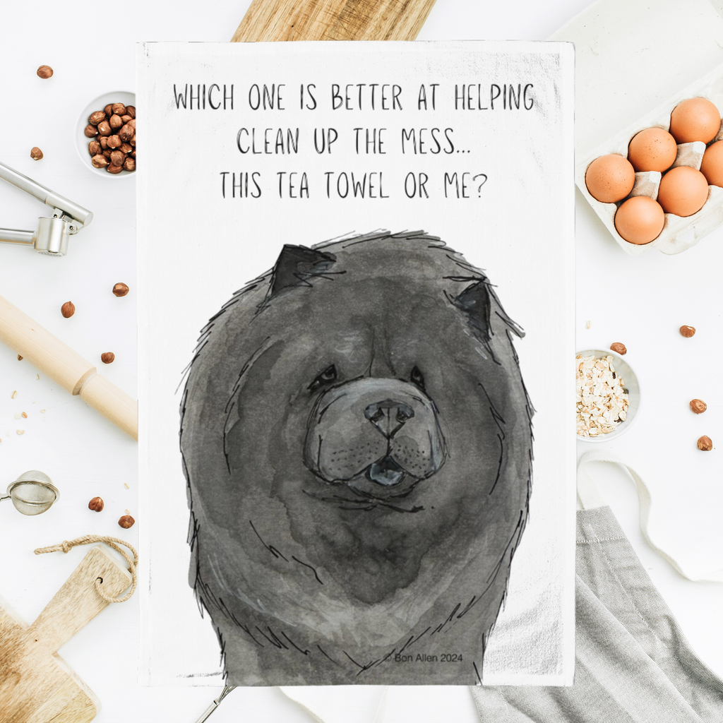 Make Cleanup Fun with the Blue Chow Chow Tea Towel – Featuring the Aloof Floof!